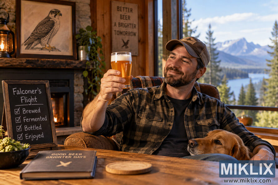 Homebrewer in a rustic mountain lodge raises a glass of golden amber beer while relaxing beside his dog, with hops, a completed brewing checklist, a fireplace, bird artwork, and a scenic lake and mountain view in the background. Homebrewer in a rustic mountain lodge raises a glass of golden amber beer while relaxing beside his dog, with hops, a completed brewing checklist, a fireplace, bird artwork, and a scenic lake and mountain view in the background.