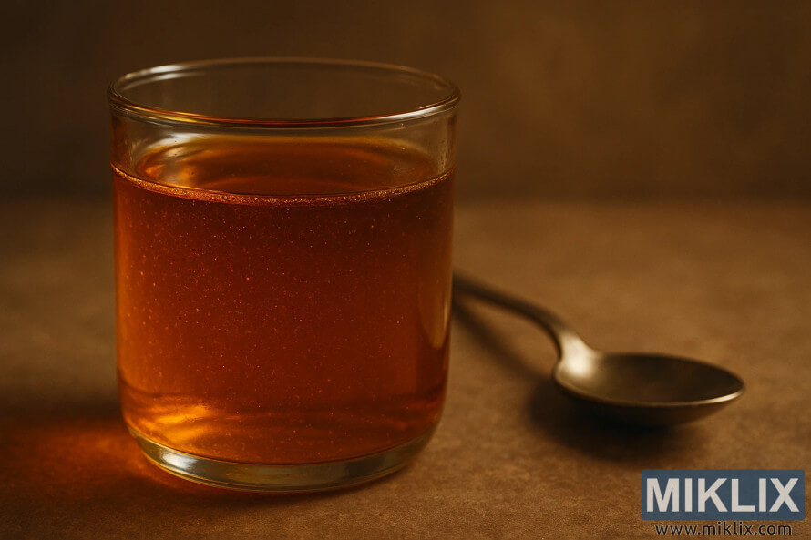 A glass container filled with warm amber bullion oil beside a metallic spoon, captured under soft golden light against an earthy brown background. A glass container filled with warm amber bullion oil beside a metallic spoon, captured under soft golden light against an earthy brown background.