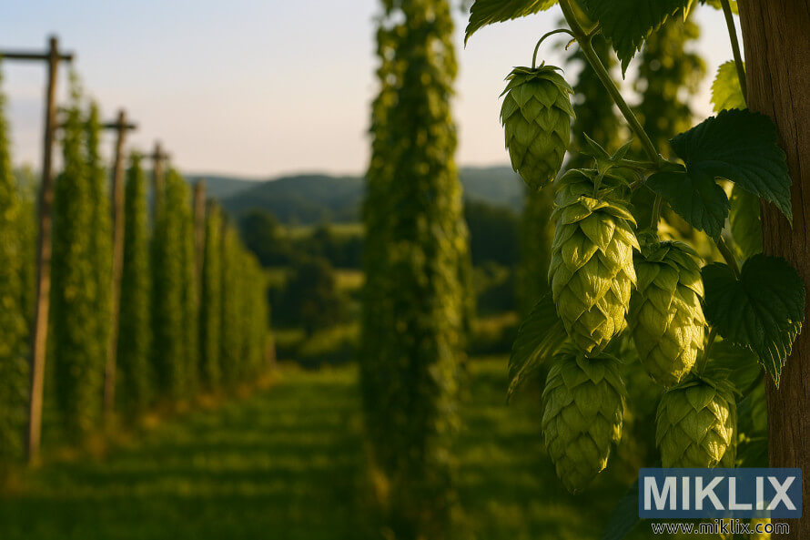 Lähikuva Sovereign-humalan käpyistä viiniköynnöksessä, taustalla maalaismainen säleikkö, auringon valaisemat humalarivit ja kumpuilevat kukkulat. Lähikuva Sovereign-humalan käpyistä viiniköynnöksessä, taustalla maalaismainen säleikkö, auringon valaisemat humalarivit ja kumpuilevat kukkulat.