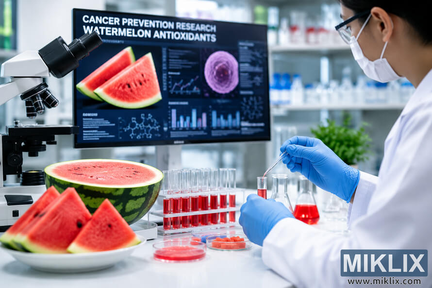 Researcher in protective laboratory equipment analyzes watermelon-derived samples using a pipette beside a microscope, fresh watermelon slices, test tubes, and a scientific display illustrating conceptual cancer prevention research on antioxidants in a bright modern laboratory. Researcher in protective laboratory equipment analyzes watermelon-derived samples using a pipette beside a microscope, fresh watermelon slices, test tubes, and a scientific display illustrating conceptual cancer prevention research on antioxidants in a bright modern laboratory.
