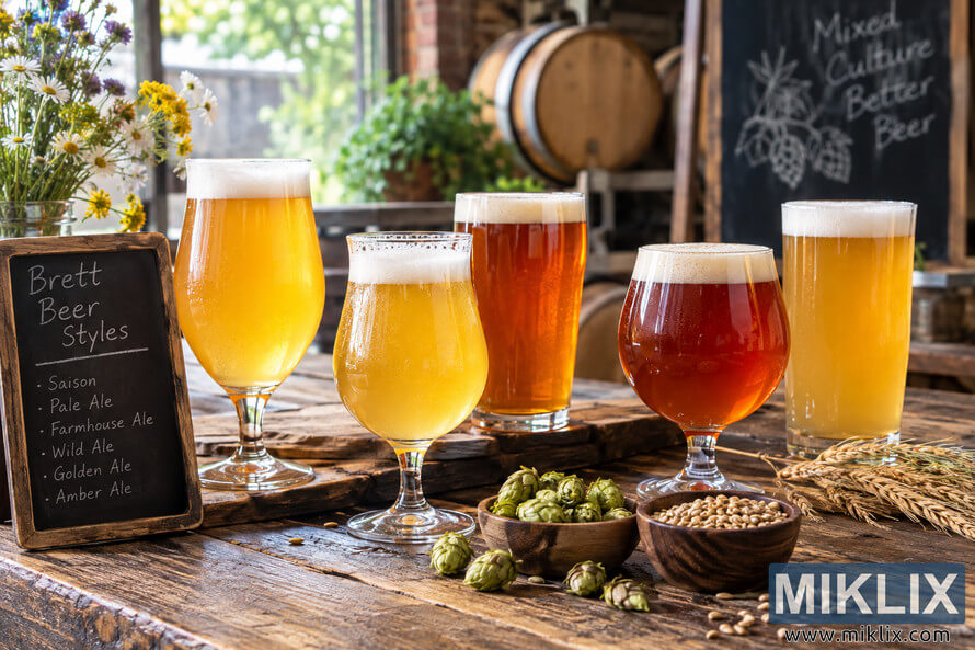 Five golden and amber Brett-style beers, including saison and pale ale, displayed with hops and grain on a rustic brewery table. Five golden and amber Brett-style beers, including saison and pale ale, displayed with hops and grain on a rustic brewery table.