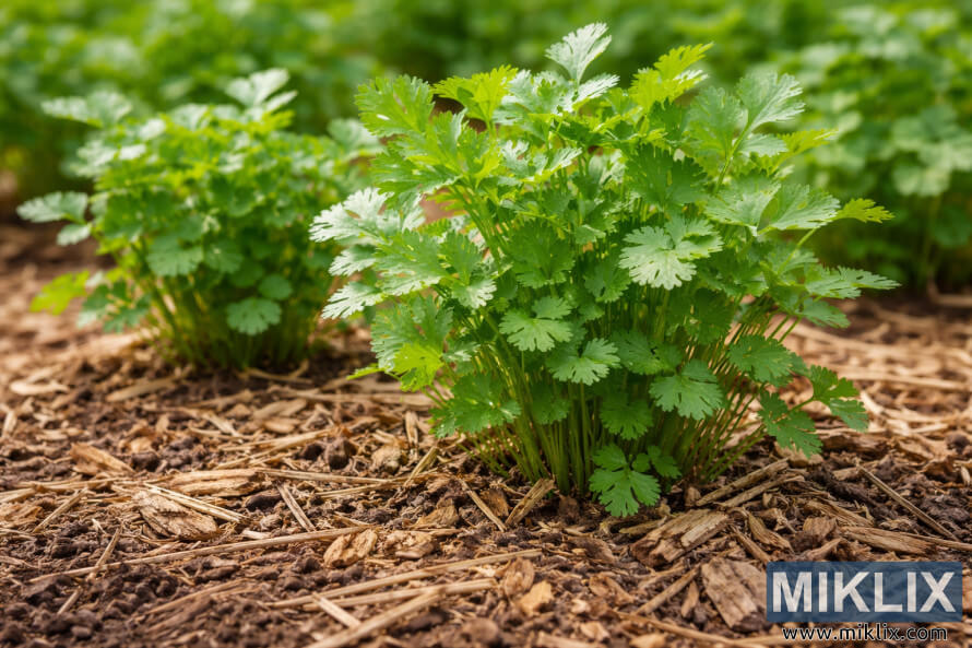 Gros plan sur des plants de coriandre en santÃ© avec des feuilles vert vif poussant dans un parterre recouvert de paillis organique.