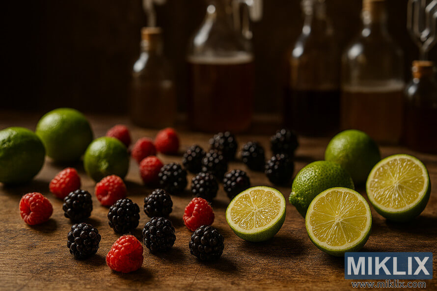 Llimes, gerds i móres madures sobre una taula de fusta desgastada amb recipients de fermentació borrosos al fons Llimes, gerds i móres madures sobre una taula de fusta desgastada amb recipients de fermentació borrosos al fons