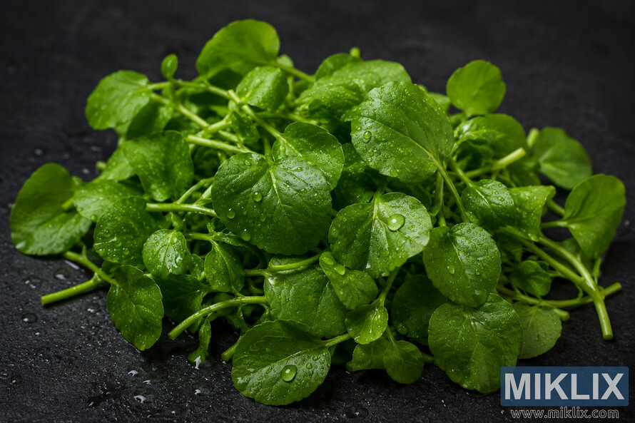 Close-up photograph of fresh green watercress leaves covered in sparkling water droplets on a dark textured background with dramatic lighting. Close-up photograph of fresh green watercress leaves covered in sparkling water droplets on a dark textured background with dramatic lighting.