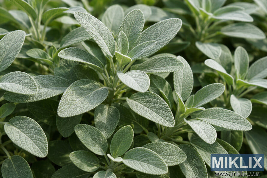 Gros plan dâune plante de sauge commune en santÃ© avec des feuilles douces et veloutÃ©es gris-vert poussant densÃ©ment Ã  la lumiÃ¨re naturelle.