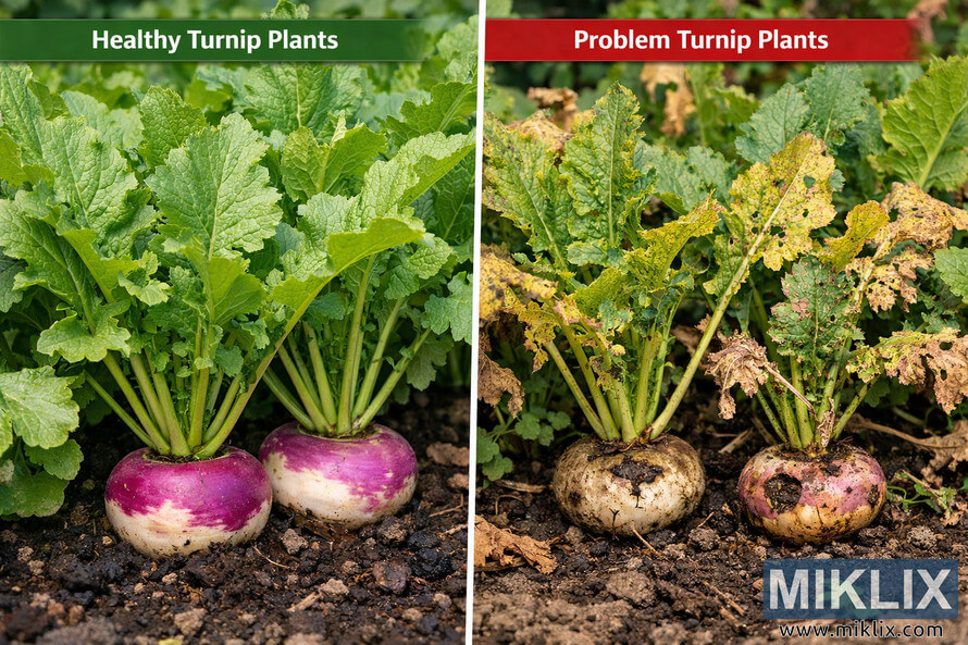 Side-by-side comparison of healthy turnip plants with lush green leaves and damaged turnip plants with yellow, wilted foliage and diseased roots.