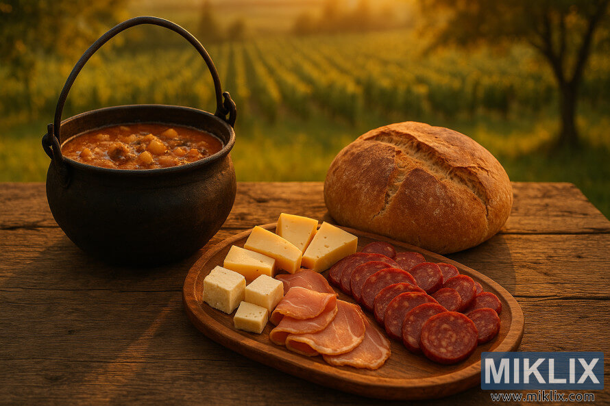 Rustikalni drveni sto sa vojvoÄanskim paprikaÅ¡em, hlebom, suhomesnatim proizvodima, sirevima i vinogradima u toplom svetlu zalaska sunca. Rustikalni drveni sto sa vojvoÄanskim paprikaÅ¡em, hlebom, suhomesnatim proizvodima, sirevima i vinogradima u toplom svetlu zalaska sunca.