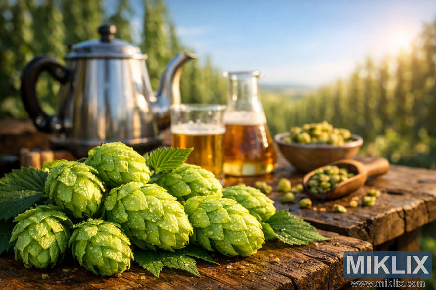 A detailed still life photograph showing fresh green Mathon hop cones with morning dew on a rustic wooden table, surrounded by brewing equipment including a stainless steel kettle, glass beakers, and a blurred hop field in the background under a clear blue sky.