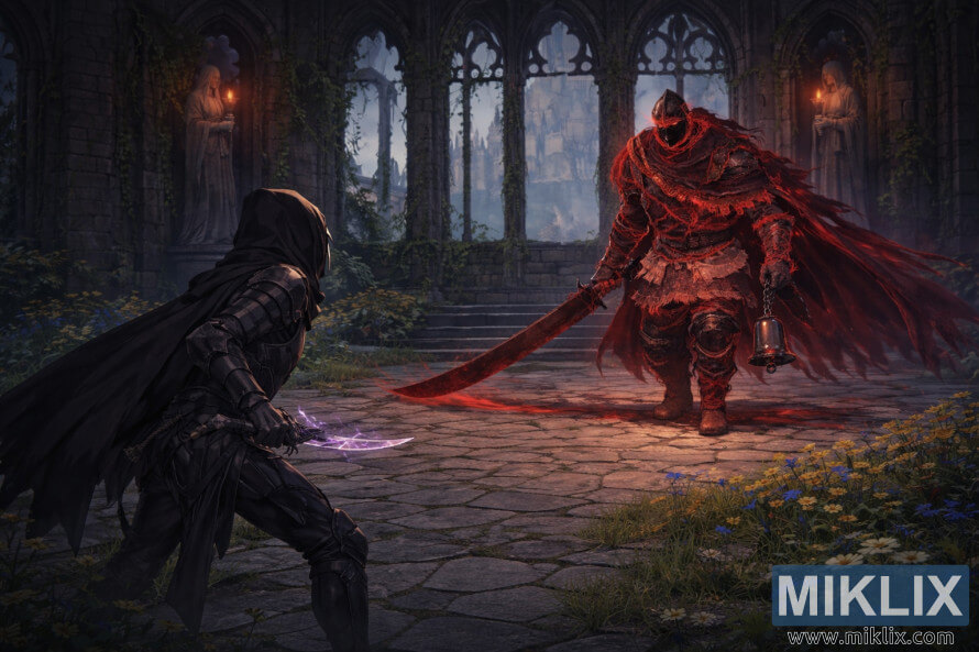 Å irokÃ½ fanÃºÅ¡ikovskÃ½ obrÃ¡zok v Å¡tÃ½le anime zobrazujÃºci PoÅ¡kvrnenÃ©ho v Äiernom noÅ¾i vÄ¾avo, pohÄ¾ad zozadu, tvÃ¡rou v tvÃ¡r ÄervenÃ©mu spektrÃ¡lnemu Lovcovi so Zvonom v ChrÃ¡me SÄ¾ubov pred bitkou.