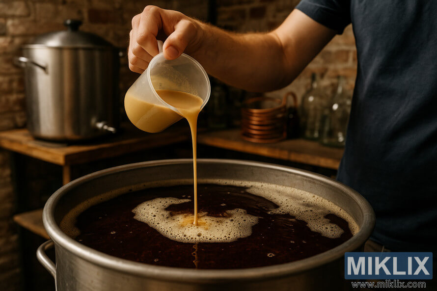 Brewer menuang yis cecair ke dalam penapai keluli tahan karat bir gelap.