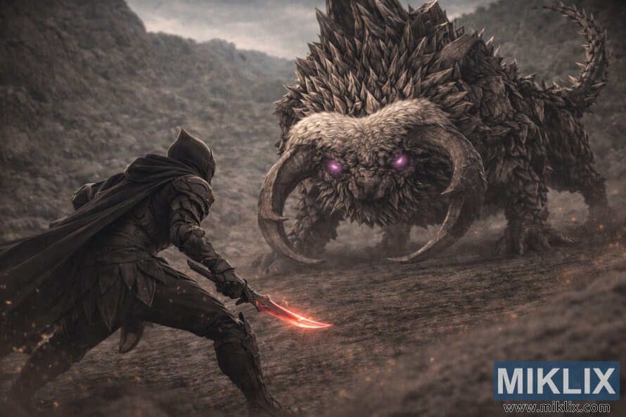 Realistic fantasy scene of a Tarnished in Black Knife armor crouched in a combat-ready stance on the left, facing a massive Fallingstar Beast in a bleak, rocky Hinterland. Realistic fantasy scene of a Tarnished in Black Knife armor crouched in a combat-ready stance on the left, facing a massive Fallingstar Beast in a bleak, rocky Hinterland.