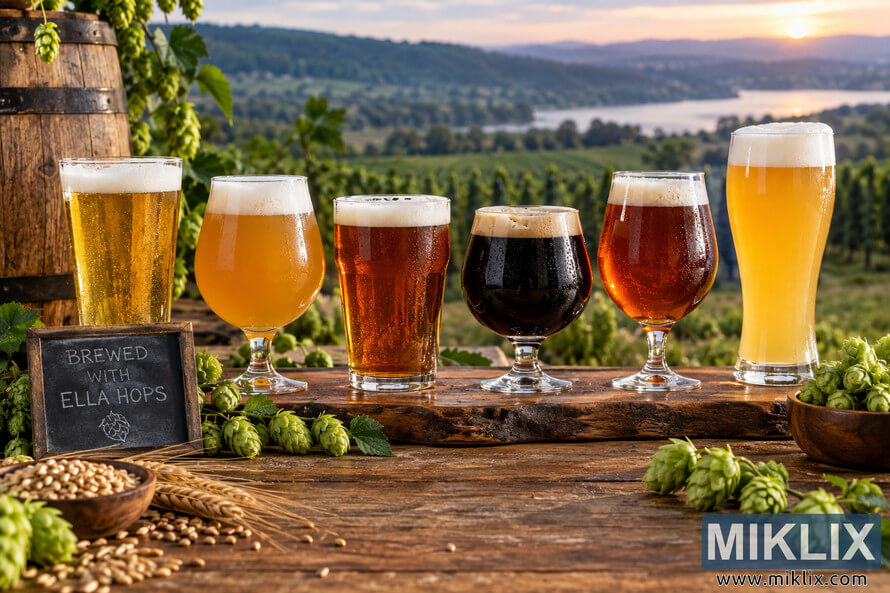 Six different beer styles ranging from pale gold and hazy yellow to amber and dark brown are arranged on a rustic wooden table with fresh Ella hops, malted grain, barley, and a chalkboard reading âBREWED WITH ELLA HOPS,â overlooking green fields, water, and distant hills at golden-hour sunset.