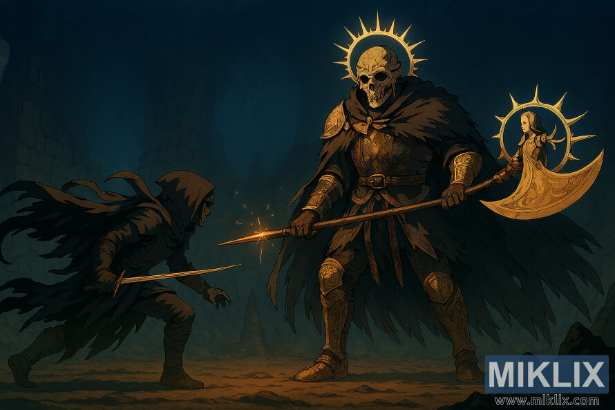 Anime-style fan art of Tarnished in Black Knife armor confronting Death Knight boss in Elden Ring catacombs