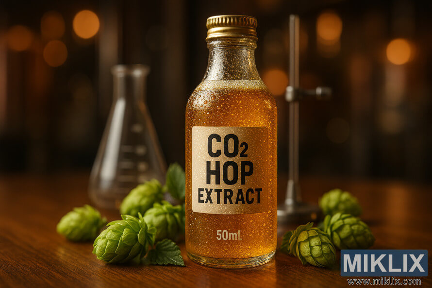 BliÅ¾nji posnetek zlate steklenice za hmeljev ekstrakt CO2 s kondenzacijo, obdane s sveÅ¾imi hmeljskimi storÅ¾i in laboratorijskim orodjem.