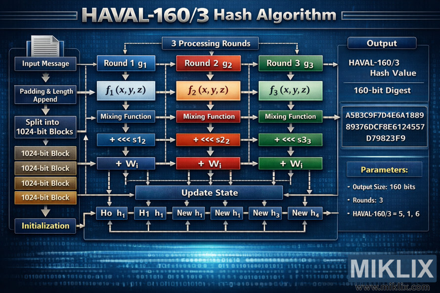 HAVAL-160/3 हैश एल्गोरिदम का फ्लोचार्ट विज़ुअलाइज़ेशन, जिसमें इनपुट प्रोसेसिंग, ट्रांसफ़ॉर्मेशन के 3 राउंड, मिक्सिंग फ़ंक्शन और फ़ाइनल 160-बिट आउटपुट दिखाया गया है।