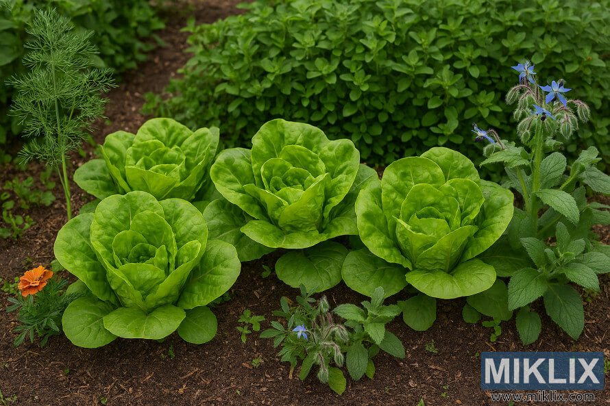 Lettuce growing with dill, marigold, borage, and oregano in a garden bed