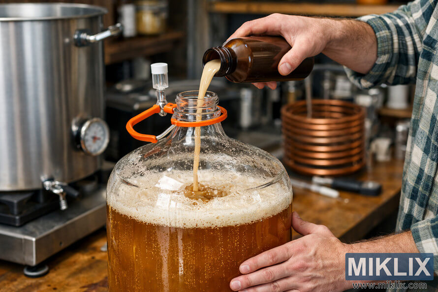 Homebrewer pouring liquid yeast from an unlabeled brown bottle into a glass carboy filled with amber European lager wort in a warm, rustic brewing setup. Homebrewer pouring liquid yeast from an unlabeled brown bottle into a glass carboy filled with amber European lager wort in a warm, rustic brewing setup.