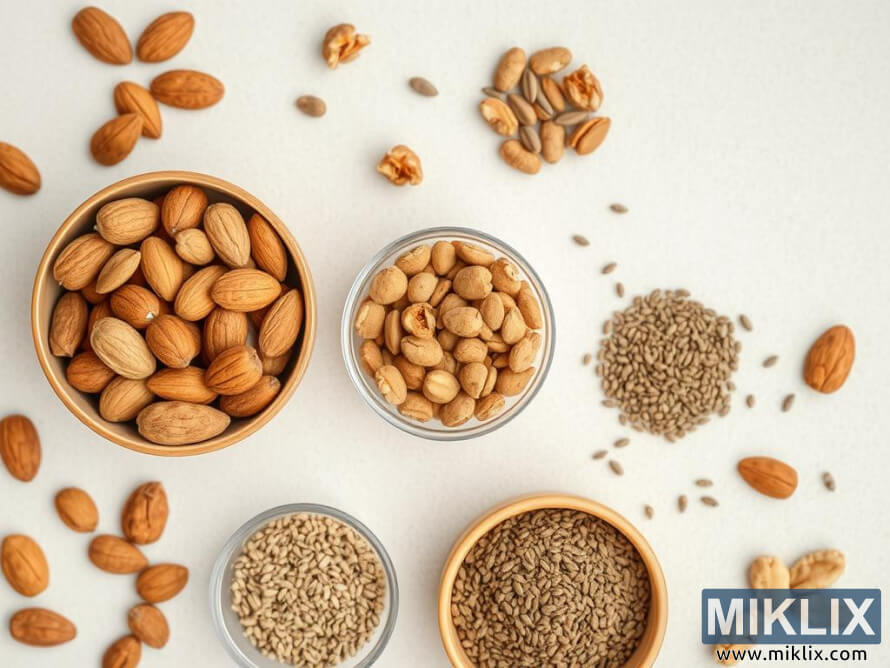 NeljÃ¤ kulhoa manteleita, maapÃ¤hkinÃ¶itÃ¤ ja siemeniÃ¤ sekÃ¤ hajallaan olevia pÃ¤hkinÃ¶itÃ¤ vaalealla alustalla.