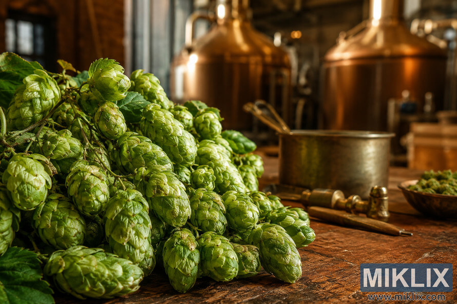 Close-up landscape image of freshly harvested Sylva hops with vibrant green cones resting on a rustic wooden table beside traditional brewing tools, set against a softly blurred brewery background with warm lighting and copper brewing vats. Close-up landscape image of freshly harvested Sylva hops with vibrant green cones resting on a rustic wooden table beside traditional brewing tools, set against a softly blurred brewery background with warm lighting and copper brewing vats.