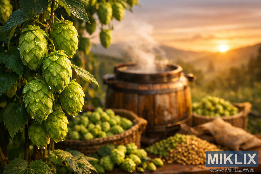 Close-up of dew-covered Nugget hop cones on trellises with a steaming wooden brewing kettle, fresh hops, grains, and rolling hills at sunset in the background.