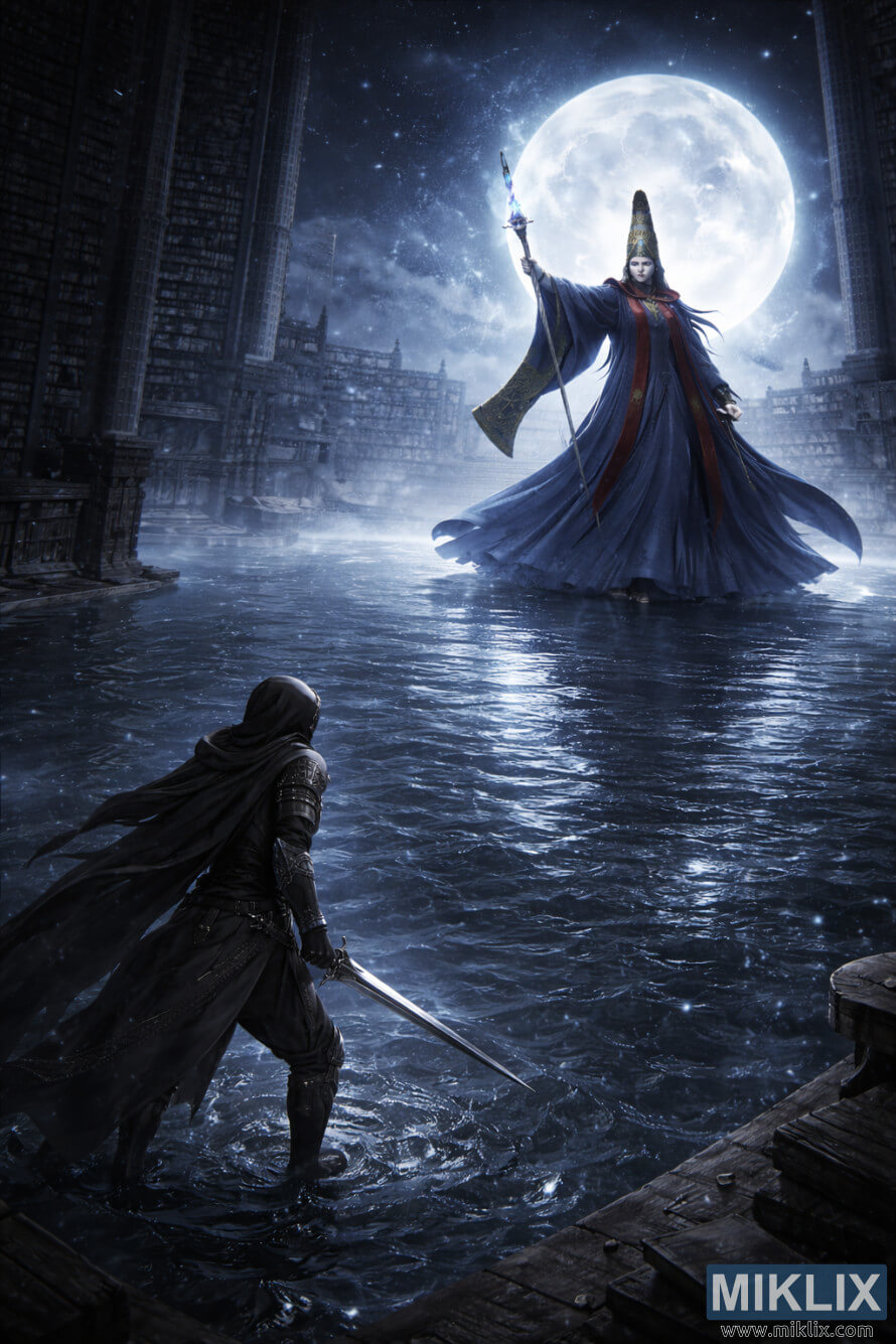 Åuvres de fantasy sombre isomÃ©trique montrant les Sans-Ã©clats en dessous avec une Ã©pÃ©e, face Ã  une imposante Rennala, Reine de la Pleine Lune, dans la bibliothÃ¨que inondÃ©e de lâAcadÃ©mie Raya Lucaria.