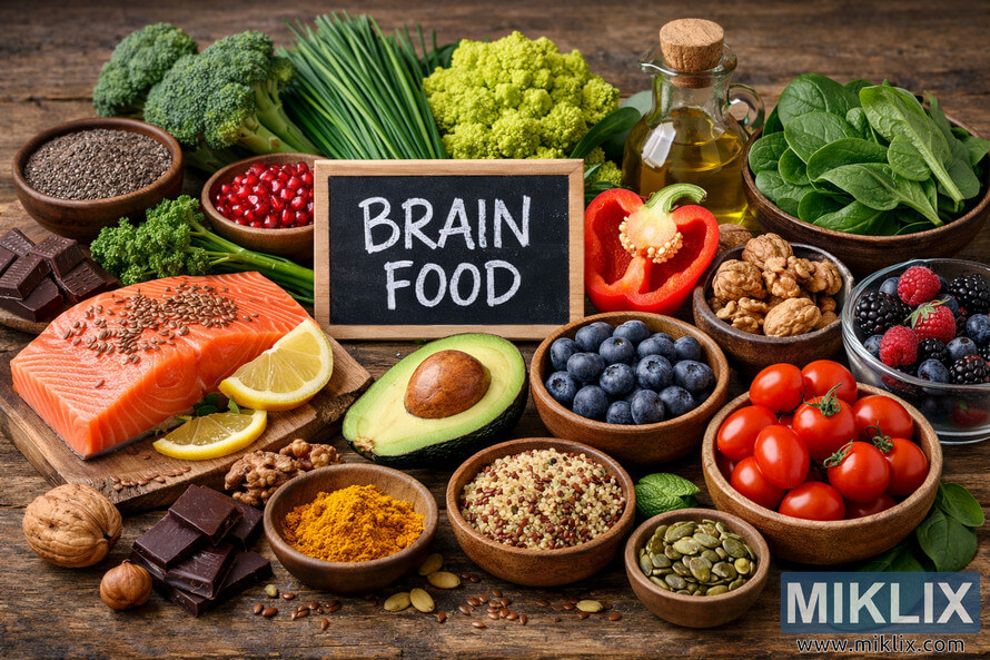 A vibrant landscape photo of healthy brain foods including chives, assorted vegetables, and other nutrient-rich ingredients arranged on a rustic wooden table. A vibrant landscape photo of healthy brain foods including chives, assorted vegetables, and other nutrient-rich ingredients arranged on a rustic wooden table.