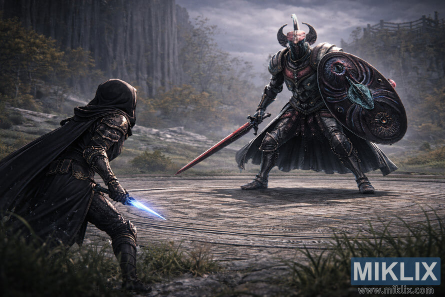 Fan art in stile anime di Elden Ring che mostra il Tarnished di spalle mentre affronta un imponente Cavaliere del Crogiolo nella prigione di Stormhill, con un'ampia visuale dell'arena e uno sfondo nebbioso.