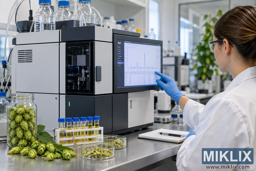 Laboratory technician in safety glasses and blue gloves operating analytical equipment while testing green hop cones and prepared hop samples for alpha acid levels. Laboratory technician in safety glasses and blue gloves operating analytical equipment while testing green hop cones and prepared hop samples for alpha acid levels.