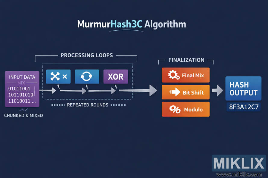 Инфографик што го прикажува текот на MurmurHash3C од бинарен влез преку повторени чекори на мешање до конечен излез на хаширање.