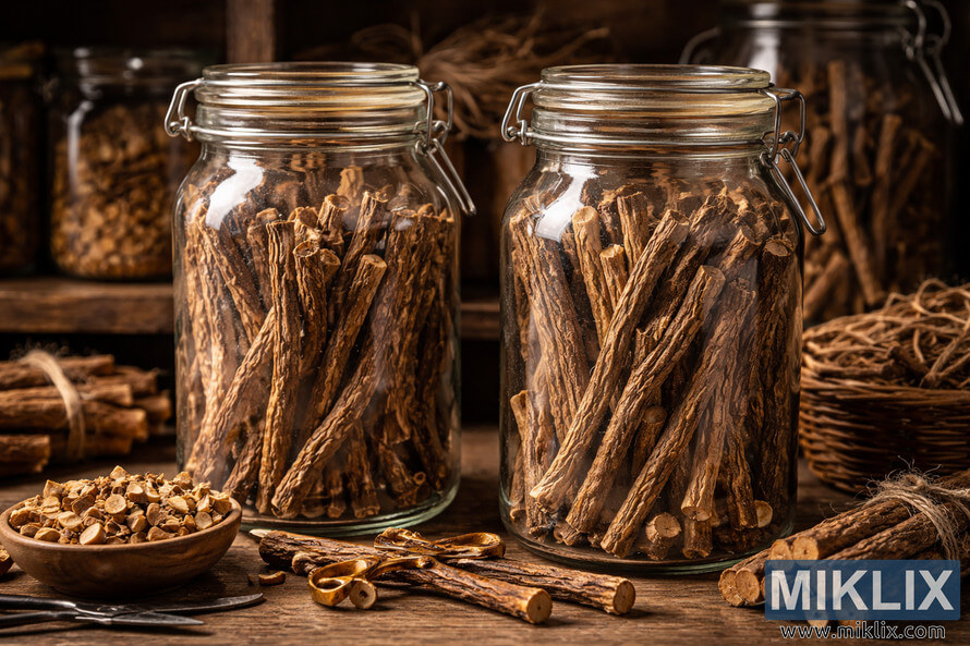 Glass jars filled with dried licorice roots on a rustic wooden shelf with loose roots, a bowl of sliced pieces, and vintage scissors. Glass jars filled with dried licorice roots on a rustic wooden shelf with loose roots, a bowl of sliced pieces, and vintage scissors.