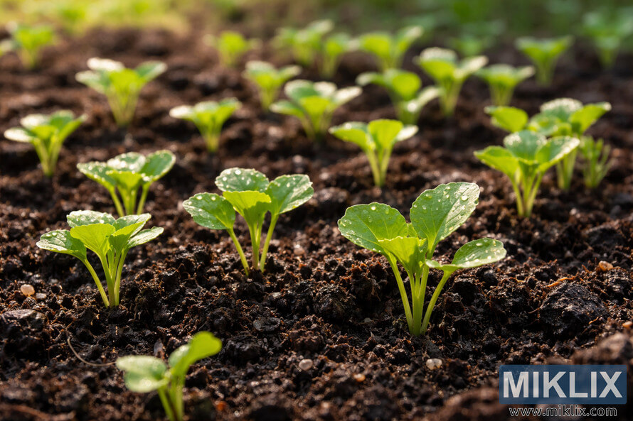Young mustard seedlings sprouting through dark, moist soil in an early spring garden, illuminated by warm morning sunlight.
