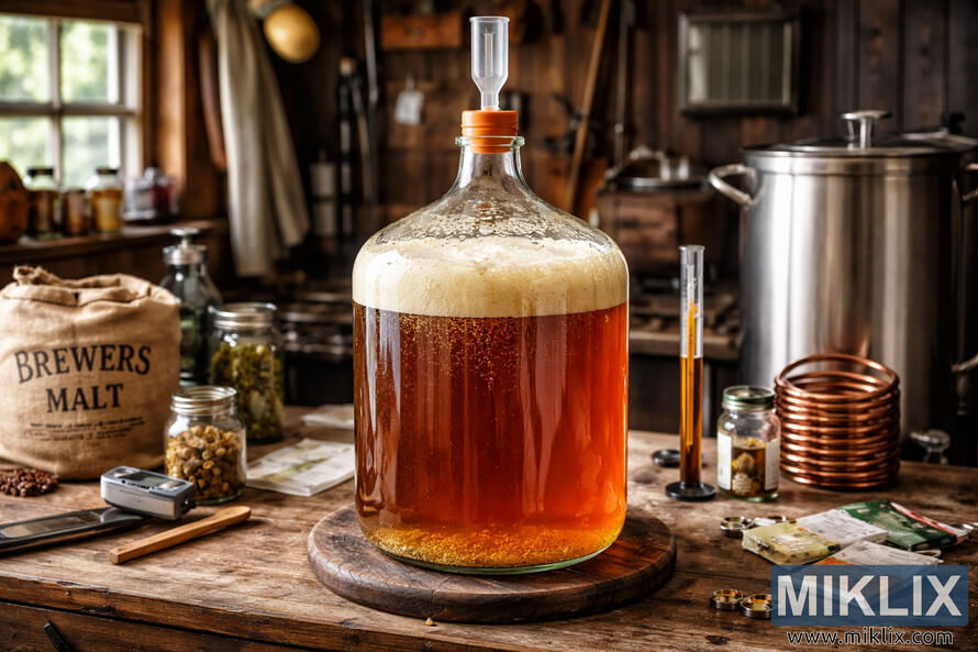 San Francisco lager style beer fermenting in a glass carboy with foamy krausen, surrounded by homebrewing equipment in a rustic American setting.