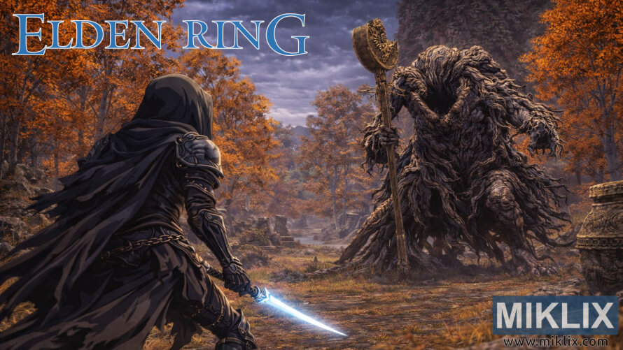 Elden Ring fan art of Black Knife armor warrior confronting Erdtree Avatar in autumn forest Elden Ring fan art of Black Knife armor warrior confronting Erdtree Avatar in autumn forest