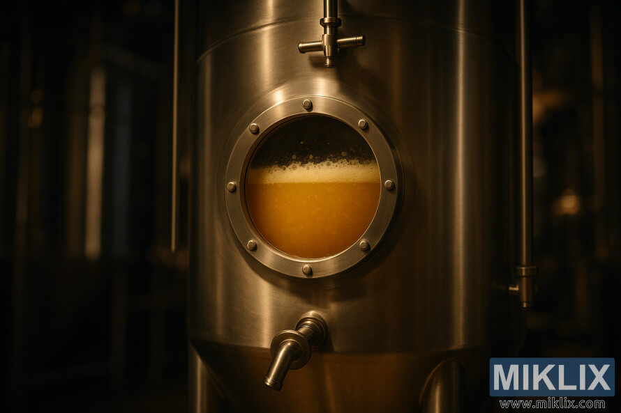 Nahaufnahme eines Gärtanks aus Edelstahl mit einem runden Glasfenster, das ein aktiv gärendes, trübes New England IPA in einer schwach beleuchteten Brauerei zeigt. Nahaufnahme eines Gärtanks aus Edelstahl mit einem runden Glasfenster, das ein aktiv gärendes, trübes New England IPA in einer schwach beleuchteten Brauerei zeigt.