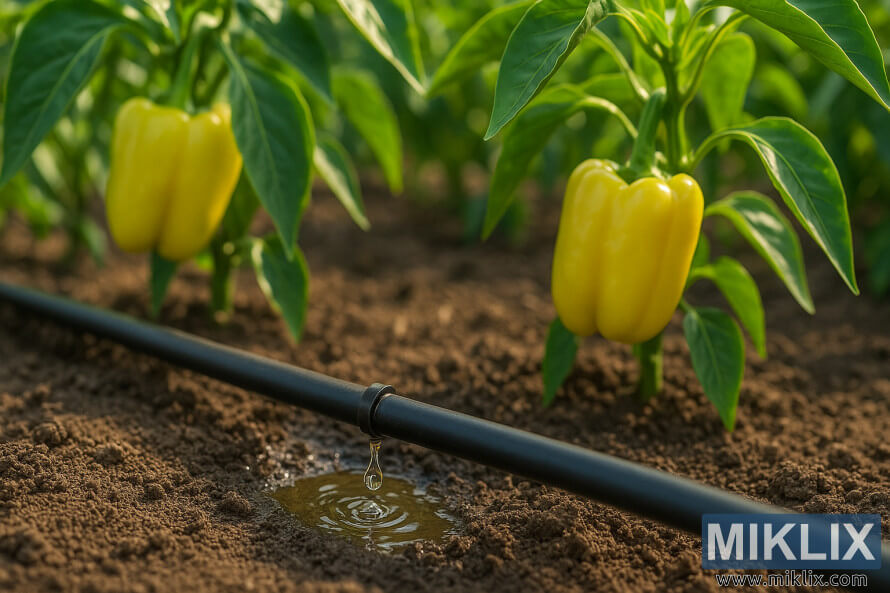 Close-up view of a drip irrigation hose releasing water near growing yellow bell pepper plants.