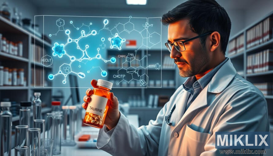 Un profesional de laboratorio examina los suplementos de taurina en tubos de ensayo y pantallas moleculares.