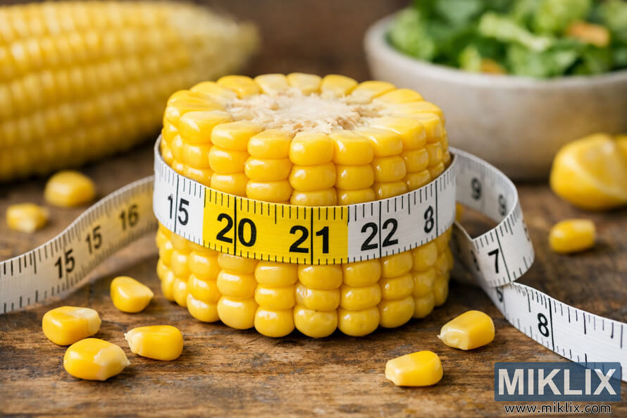 A close-up photo of a corn portion wrapped with a measuring tape on a rustic wooden surface, symbolizing healthy nutrition and weight management. A close-up photo of a corn portion wrapped with a measuring tape on a rustic wooden surface, symbolizing healthy nutrition and weight management.