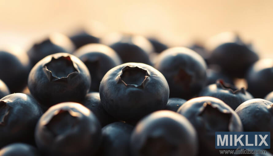 SoÄne borovnice z teksturirano lupino v topli naravni svetlobi na mehkem zamegljenem ozadju.