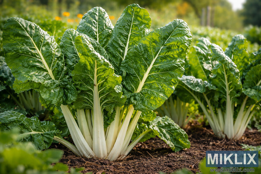 Large Fordhook Giant Swiss chard plants with dark green crinkled leaves and white stems growing in a vegetable garden bed
