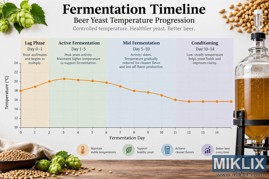 Beer yeast fermentation timeline infographic showing temperature rising from 18Â°C to about 20.5Â°C, then falling to about 16Â°C over 14 days.
