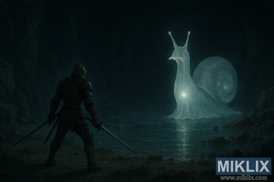 Uma cena de fantasia sombria de um guerreiro armado a enfrentar um caracol espectral brilhante numa caverna.