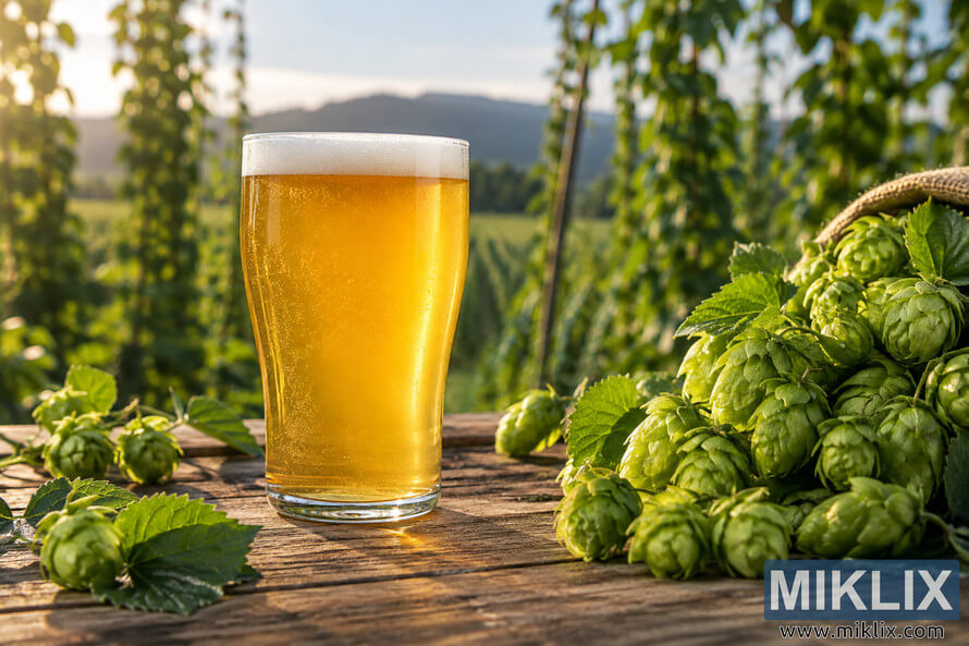 Landscape photo of a golden Session IPA in a clear pint glass beside fresh green hop cones and leaves on a rustic wooden table, with a sunlit hop field softly blurred in the background. Landscape photo of a golden Session IPA in a clear pint glass beside fresh green hop cones and leaves on a rustic wooden table, with a sunlit hop field softly blurred in the background.