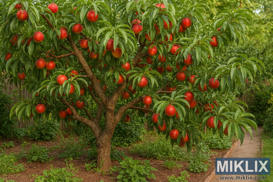 A mature nectarine tree with ripe fruit in a lush home garden