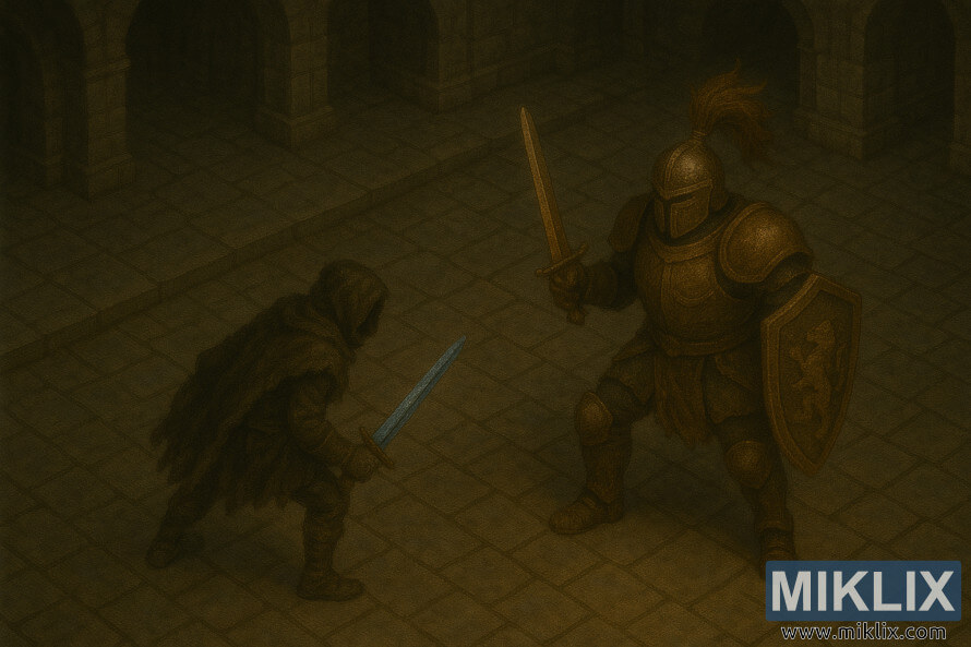 Pandangan isometrik dari Tarnished menghadap Crucible Knight Ordovis di dalam dewan batu, dengan ksatria itu memegang pedang di tangan kanannya dan perisai di kirinya.