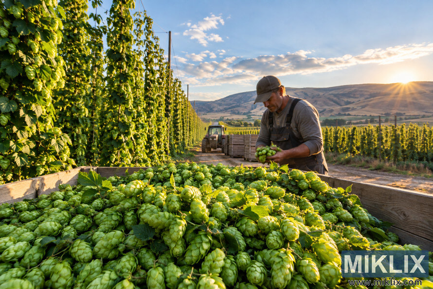 Wide landscape photograph of a farmer sorting freshly harvested green hop cones beside an overflowing wooden bin, with tall hop trellises, a tractor, farm crates, distant Yakima Valley hills, and warm golden-hour sunlight.
