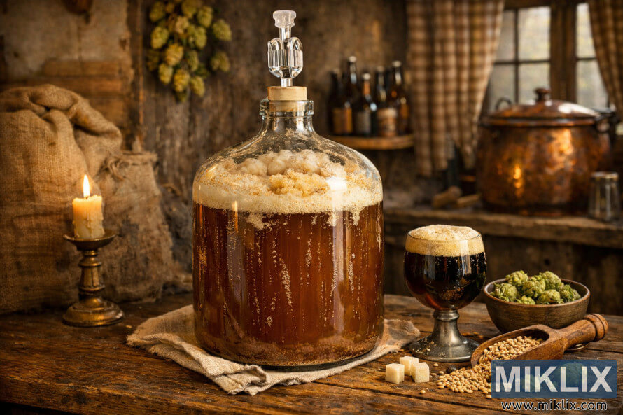 Belgian strong ale actively fermenting in a glass carboy on a wooden table in a cozy, rustic homebrewing room with hops, malt, candlelight, and a pewter chalice.