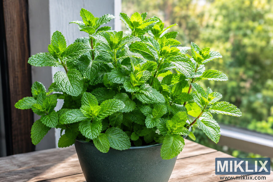 Fresh green mint plant growing in a dark decorative pot on a wooden table near a bright window with a softly blurred garden background. Fresh green mint plant growing in a dark decorative pot on a wooden table near a bright window with a softly blurred garden background.