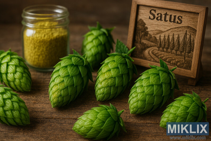 Gros plan sur des cônes de houblon Satus avec de la poudre de lupuline et un décor de brassage rustique Gros plan sur des cônes de houblon Satus avec de la poudre de lupuline et un décor de brassage rustique