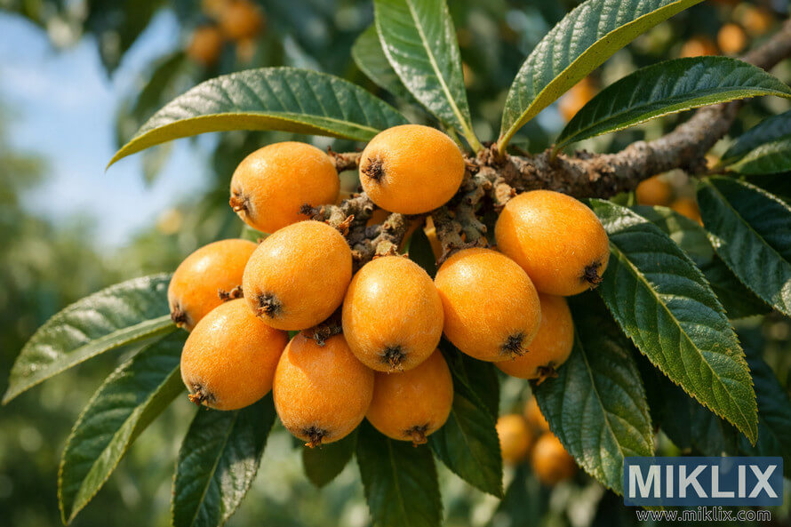 Landscape close-up photo of ripe golden-orange loquat fruits hanging in a cluster from a woody tree branch, surrounded by deep green, glossy leaves with serrated edges and prominent veins, all bathed in warm natural sunlight with a softly blurred background of foliage and blue sky. Landscape close-up photo of ripe golden-orange loquat fruits hanging in a cluster from a woody tree branch, surrounded by deep green, glossy leaves with serrated edges and prominent veins, all bathed in warm natural sunlight with a softly blurred background of foliage and blue sky.