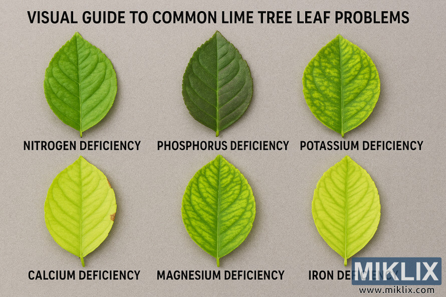 Visual guide showing six lime tree leaves with nutrient deficiency symptoms labeled: nitrogen, phosphorus, potassium, calcium, magnesium, and iron.